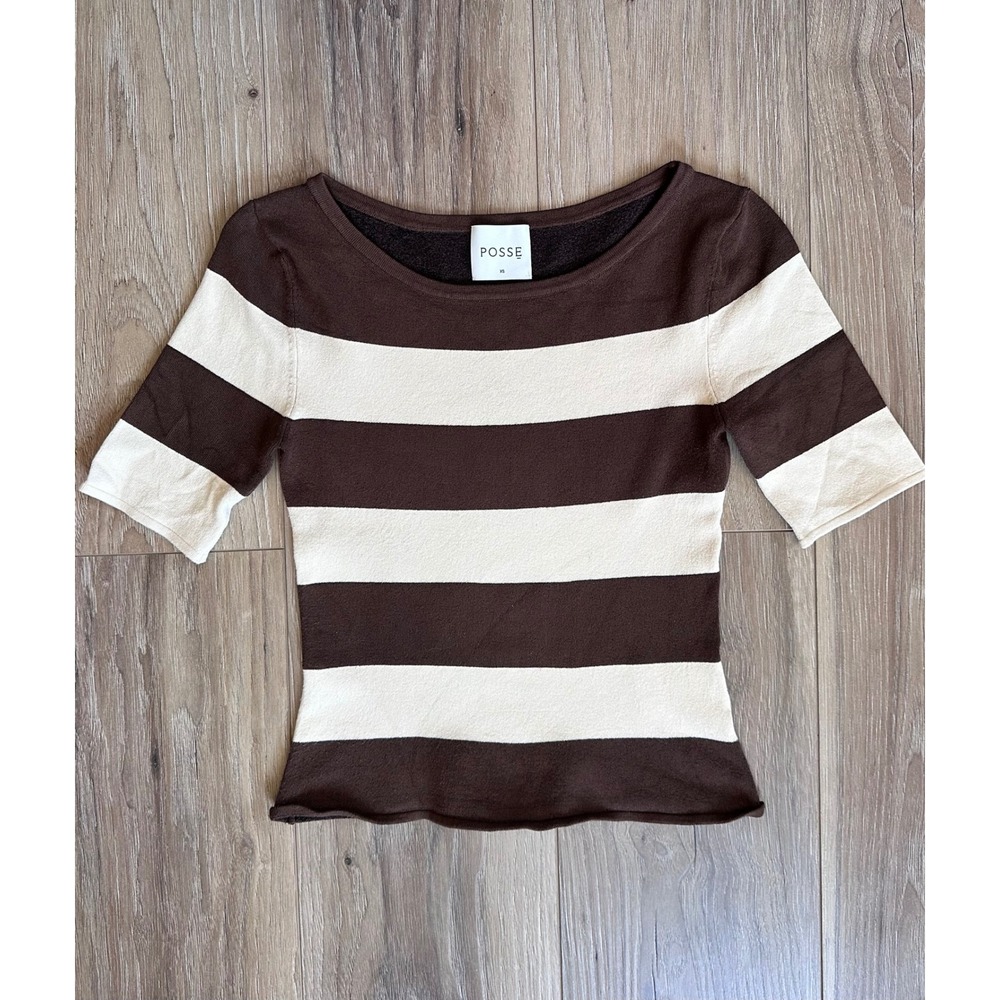 POSSE Choco Cream Striped Theo Scoop Neck Top XS Quiet Luxury Parisian Chic